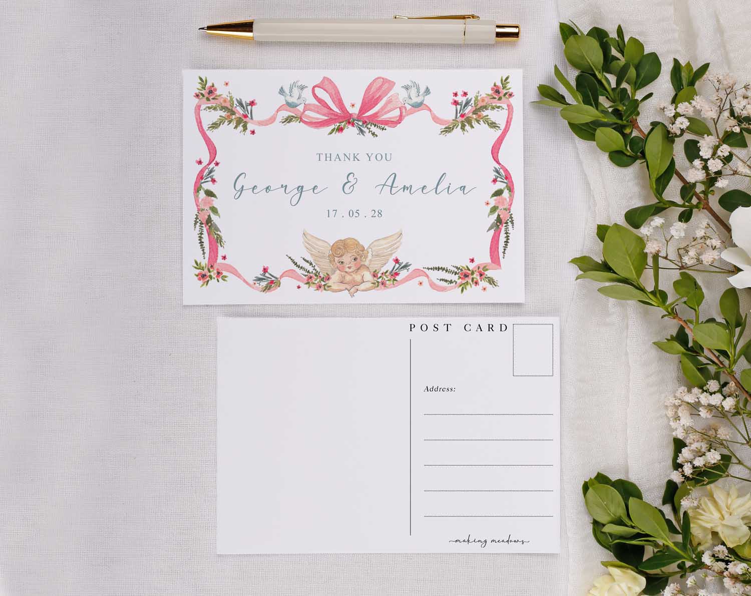 Vintage Wedding Thank You Postcards featuring floral design, cherub illustration, and elegant pink ribbon detail.