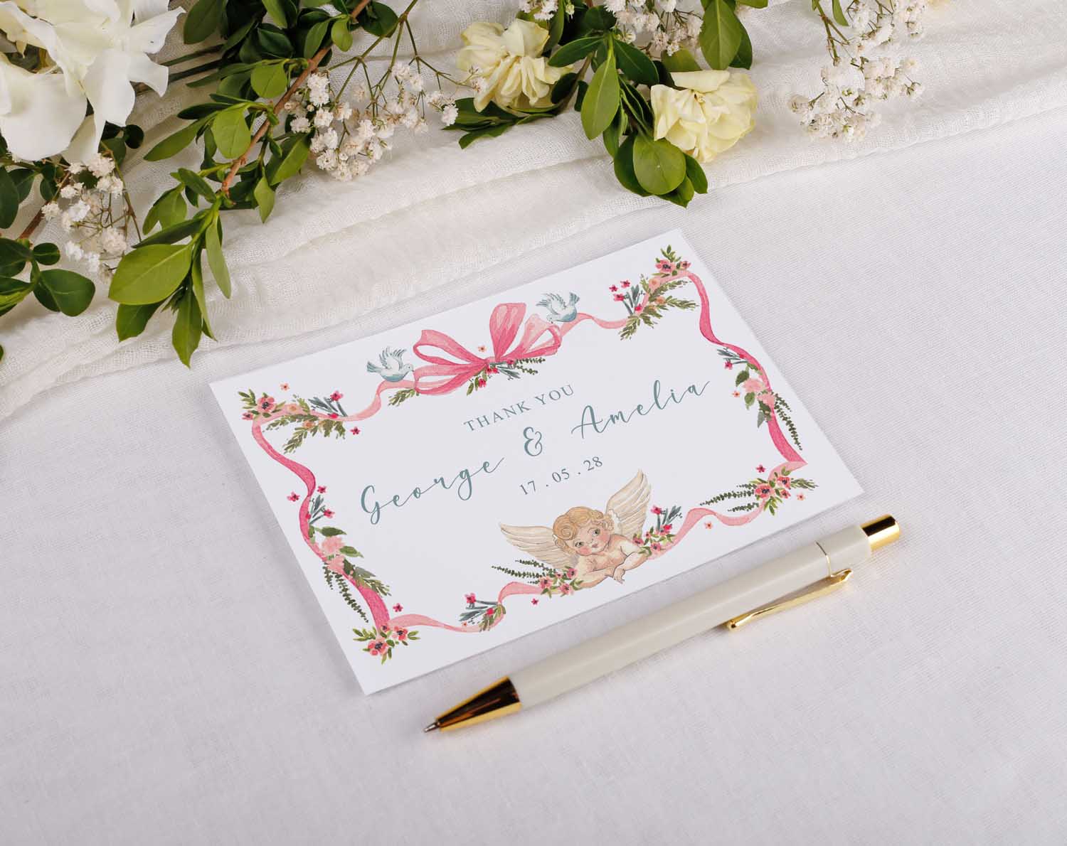Vintage Wedding Thank You Postcards with floral design and a cherub illustration, personalized for George & Amelia.