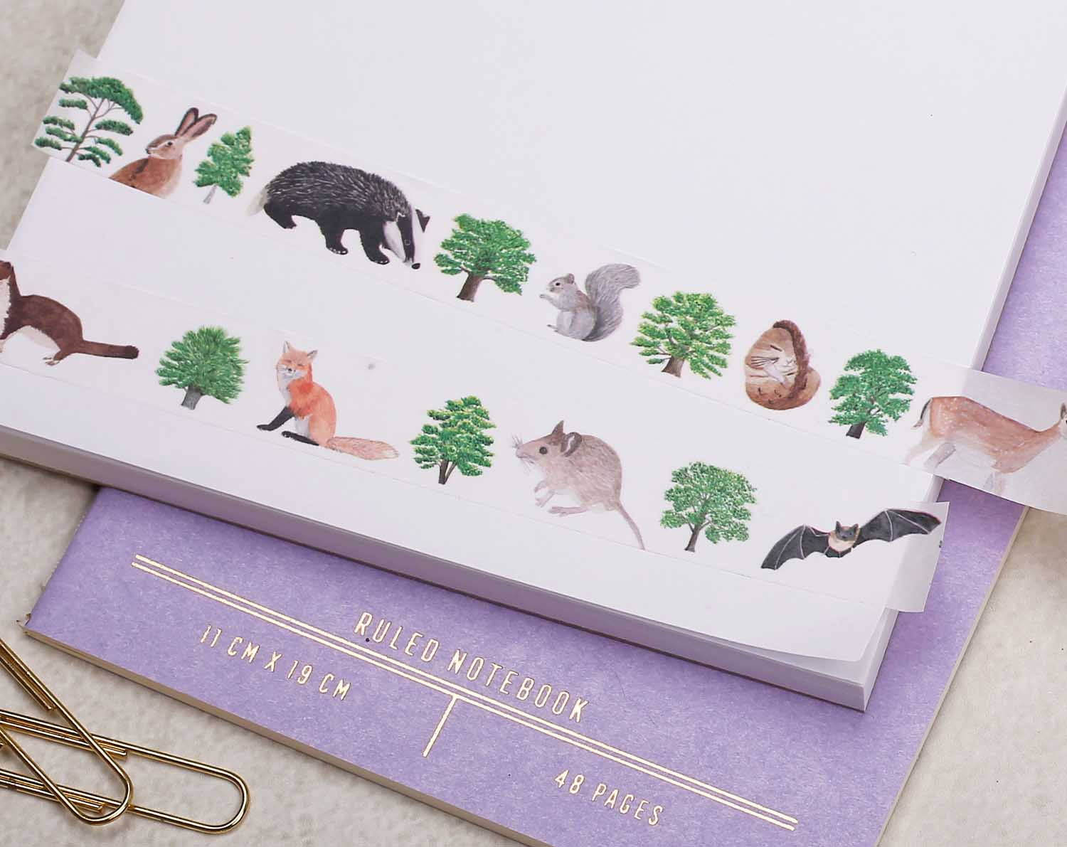10 metre long Washi Tape features original watercolour illustrations of woodland animals such as deer, foxes and owls. 
