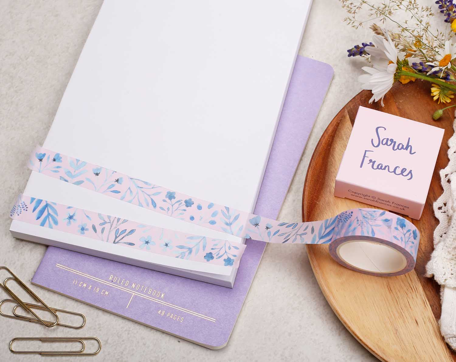  premium Washi Tape features paintings of beautiful blue florals on a light pink background