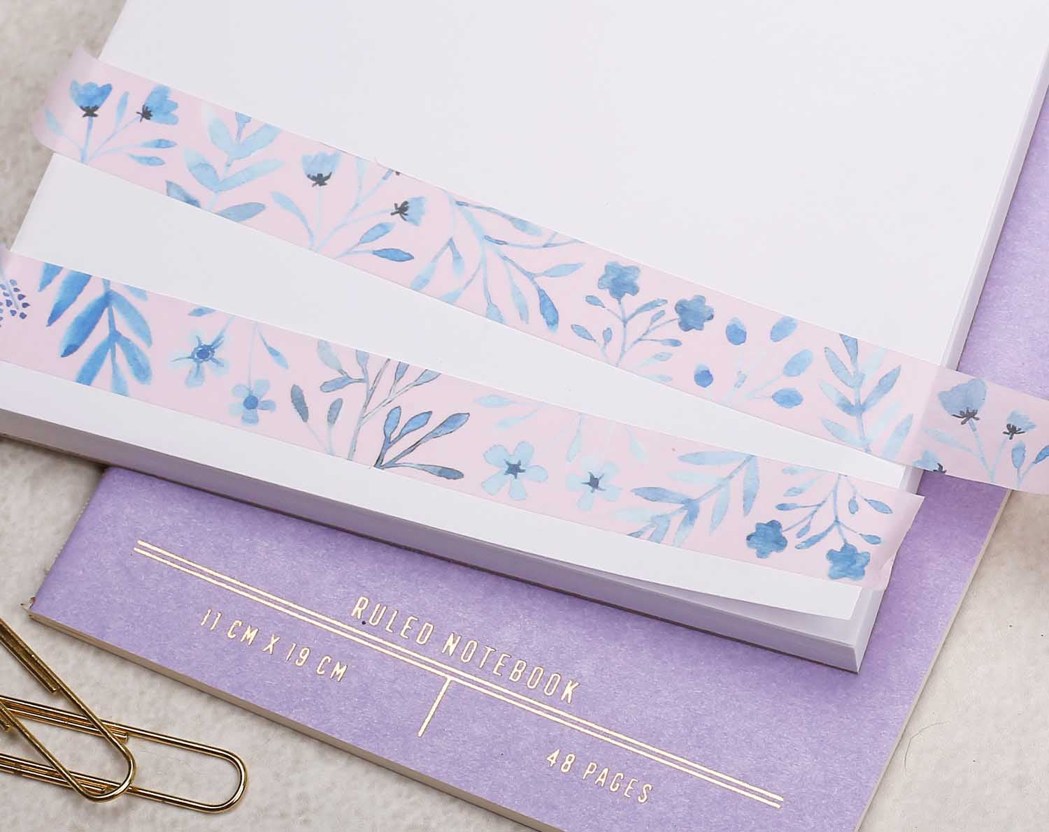 premium Washi Tape features paintings of beautiful blue florals on a light pink background