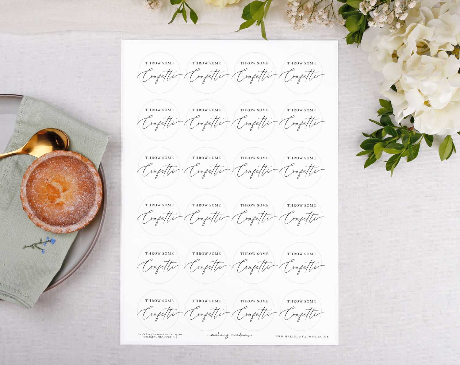 Wedding Confetti Stickers with elegant calligraphy on a white background, perfect for modern weddings.