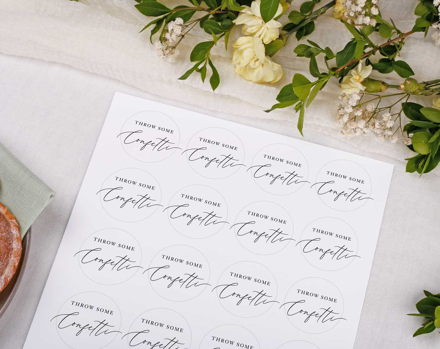 Wedding Confetti Stickers featuring elegant calligraphy on a crisp white background for modern weddings.