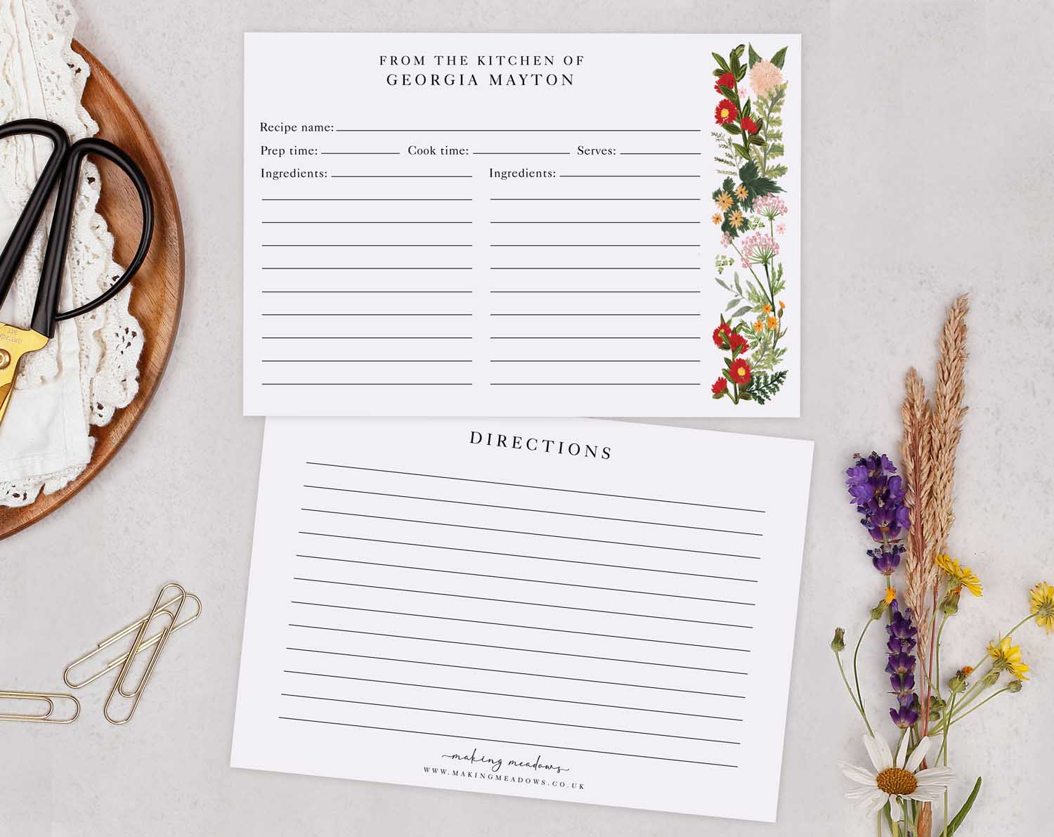 Wild Flowers Recipe Cards featuring hand-painted florals for writing recipes and directions on elegant card.