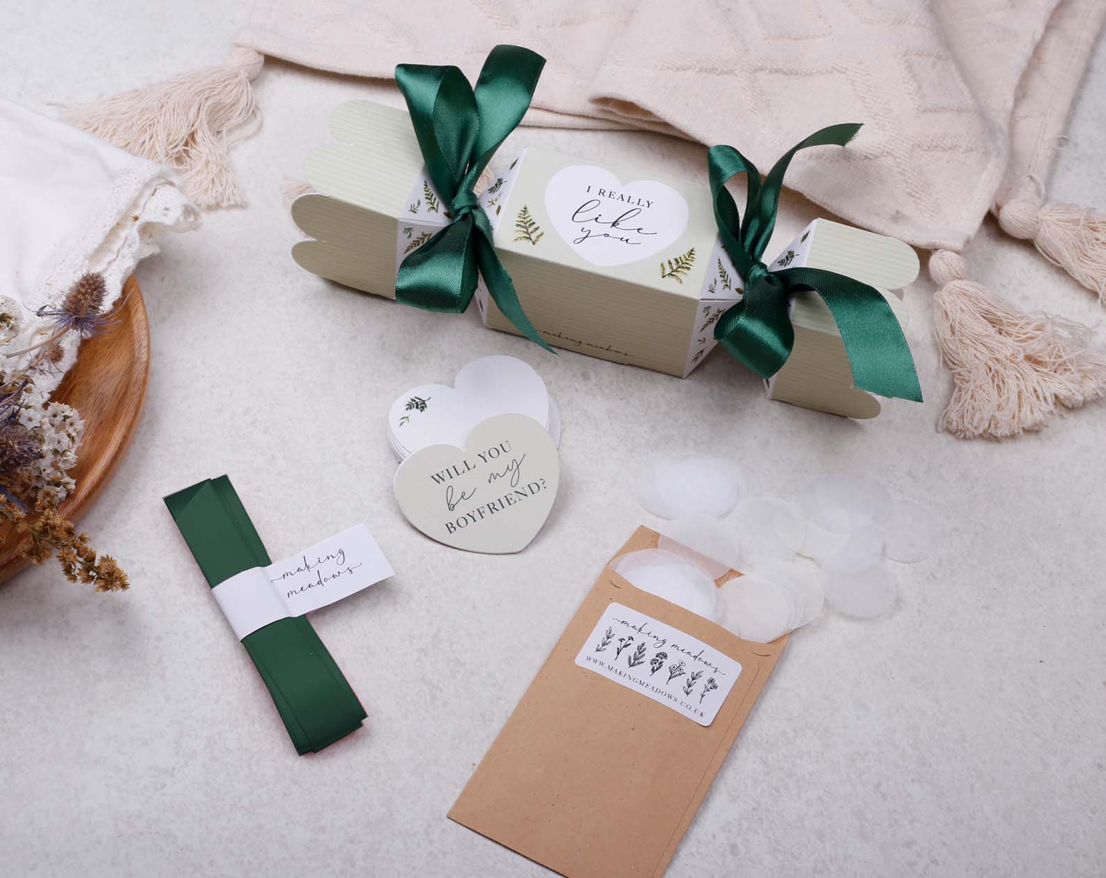 Will You Be My Boyfriend Surprise Botanical Cracker. Stationery designed by Making Meadows