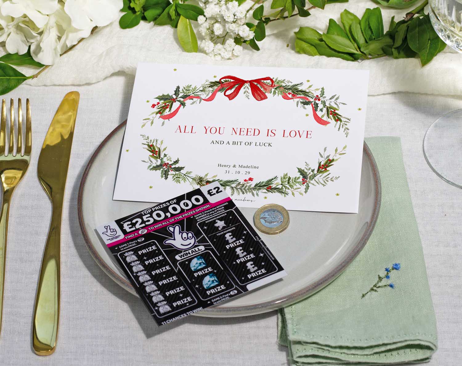 Winter Scratch Card Envelopes on a table setting with wedding favours. Beautifully personalized for a winter wedding.