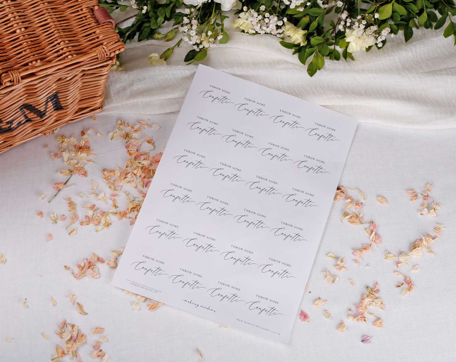 Stickers for Wedding Confetti Cones design displayed with flower petals and a wicker basket, ideal for wedding celebrations.