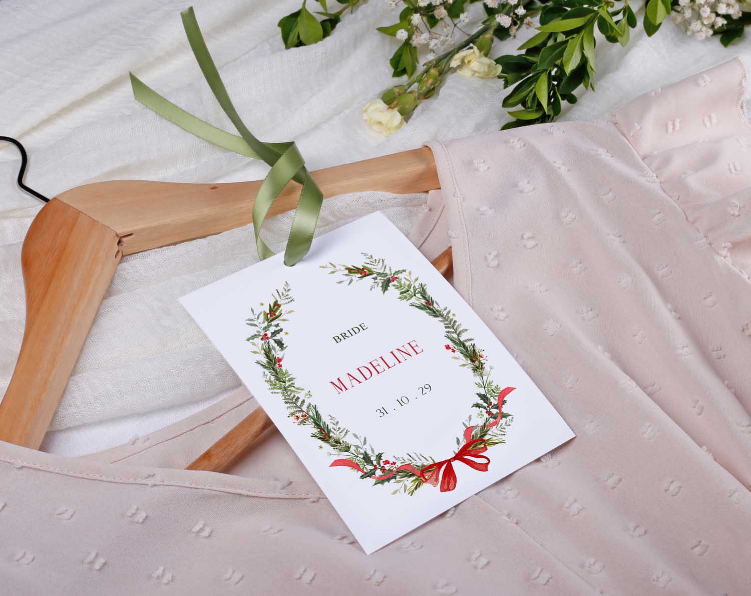 Winter Wedding Hanger Tags for bridal party featuring a personalized tag on a dress hanger.