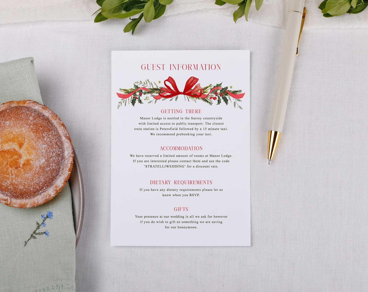 Winter Wedding Information Cards featuring guest information, accommodation, dietary requirements, and gifts.