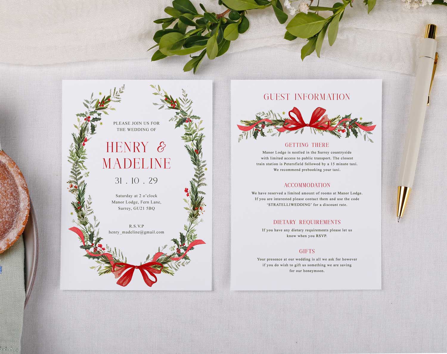 Winter Wedding Information Cards featuring floral design and guest details for Henry and Madeline's wedding.