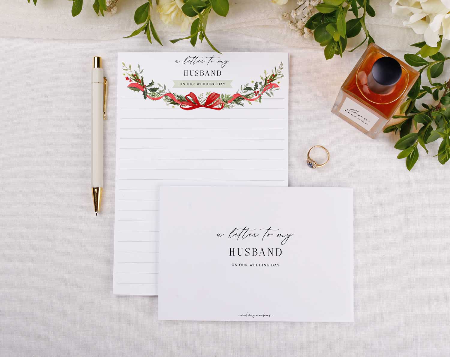 Beautiful stationery set featuring a Winter Wedding Letter to My Husband, including a note card and pen.