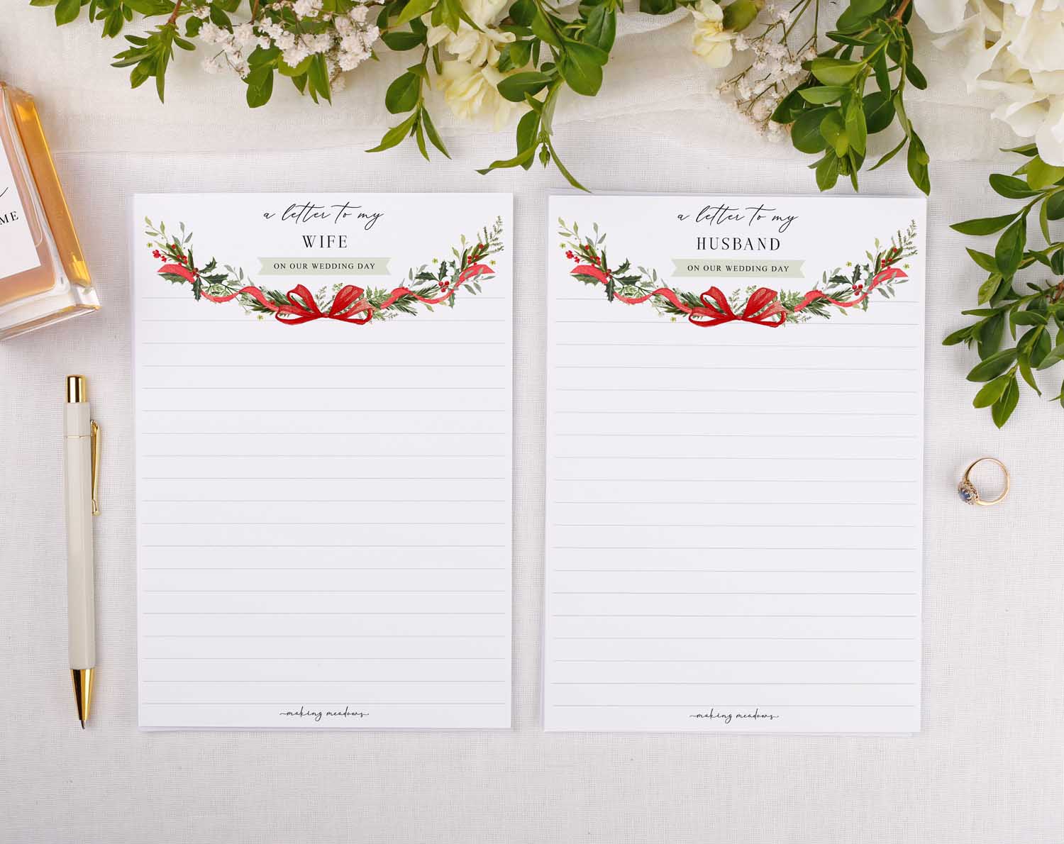 Winter Wedding Letter to My Husband A5 writing paper set with winter foliage design and red bow for wedding day notes.