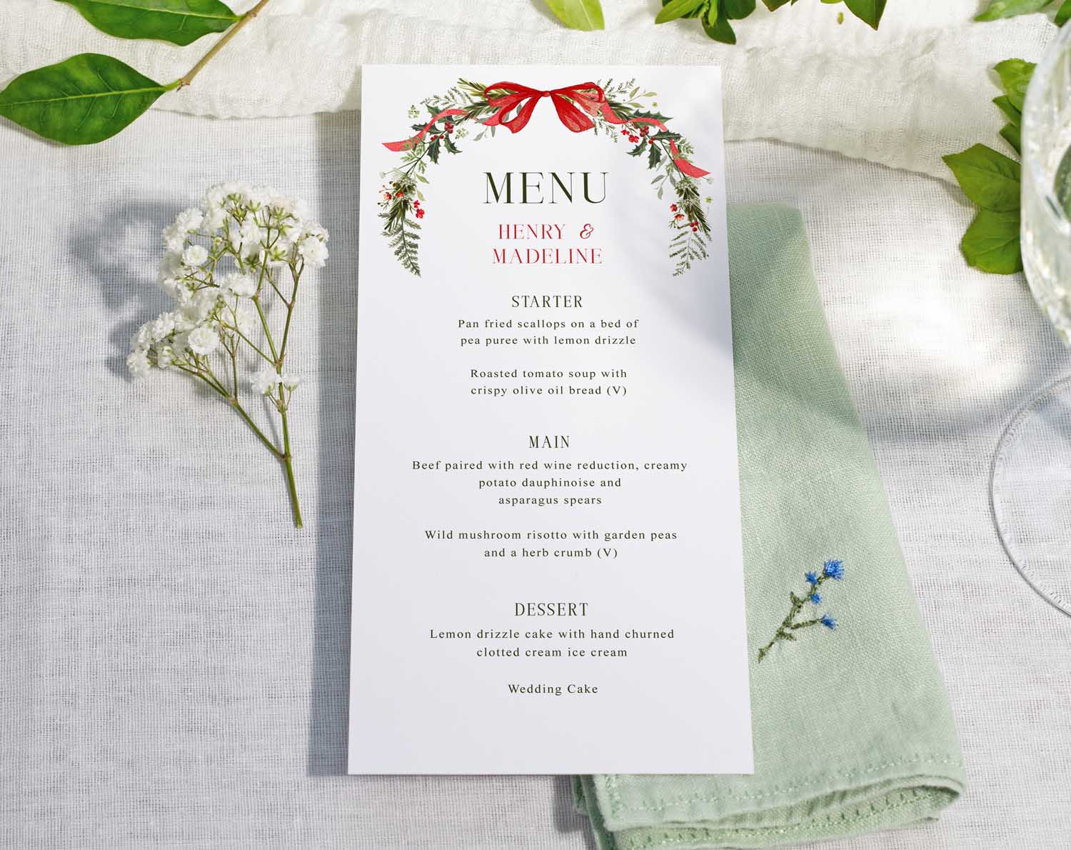 Winter Wedding Menus beautifully designed for a festive wedding meal with a floral border.