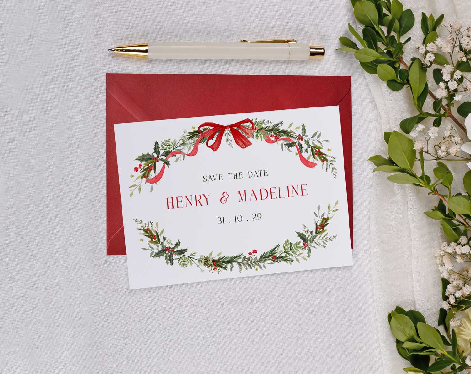 Winter Wedding Save The Date card with festive design featuring red accents and botanical elements for a cozy celebration.