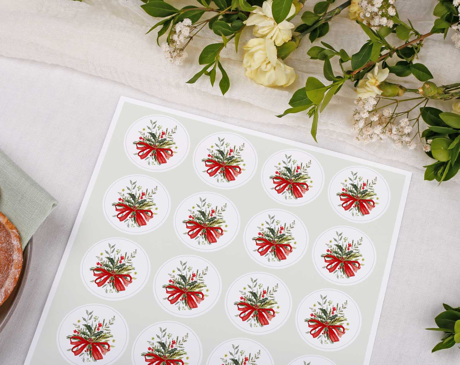 Winter Wedding Stickers featuring festive bows and greenery, perfect for envelope seals and wedding stationery.