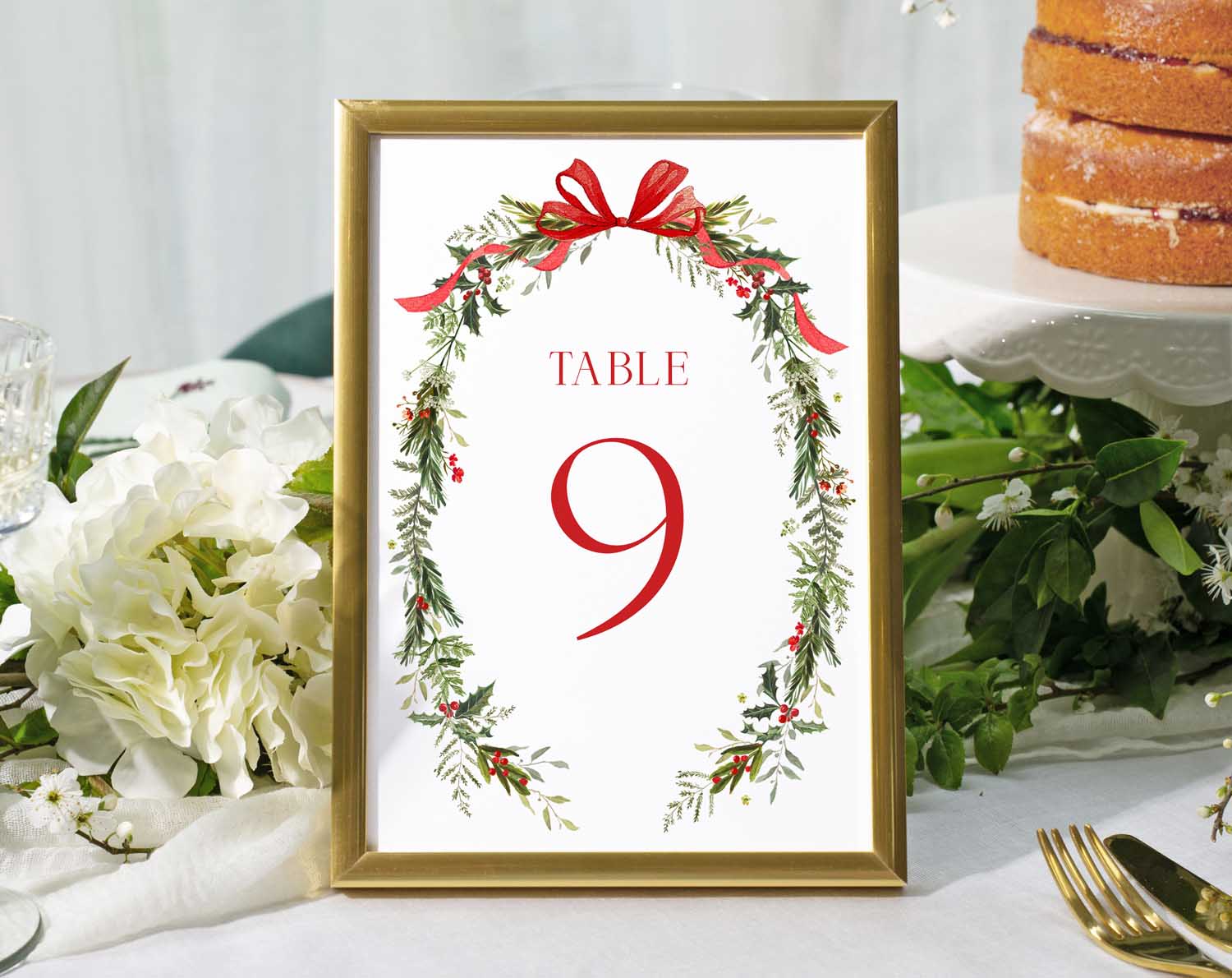 Winter Wedding Table Numbers displayed at a reception table, featuring elegantly styled table number 9.