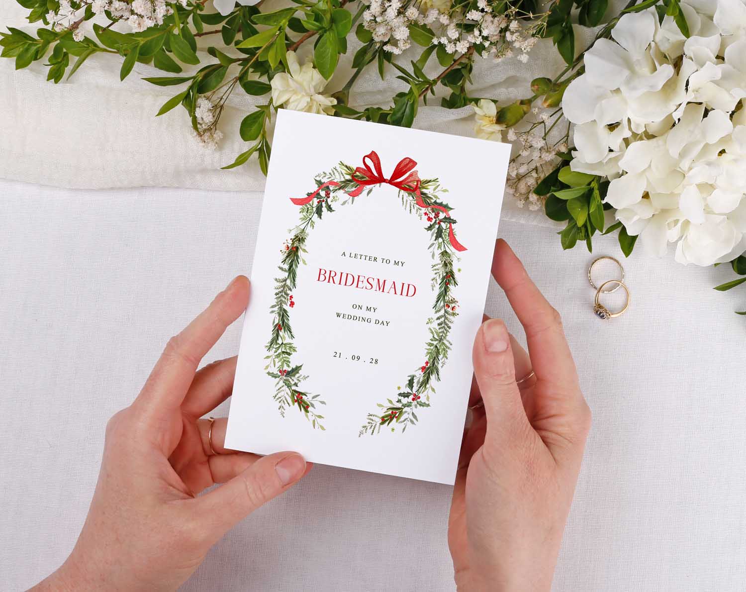 Winter Wedding Thank You Card featuring floral design and heartfelt message for bridesmaid on wedding day.