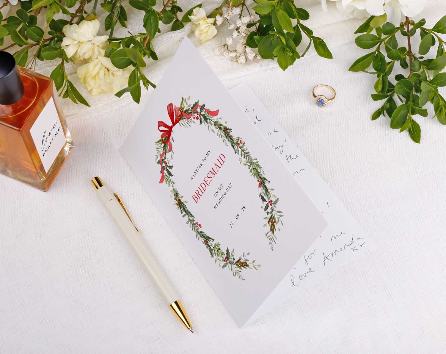 Winter Wedding Thank You Card featuring floral design for bridesmaid with personalized message on a table with flowers and ring