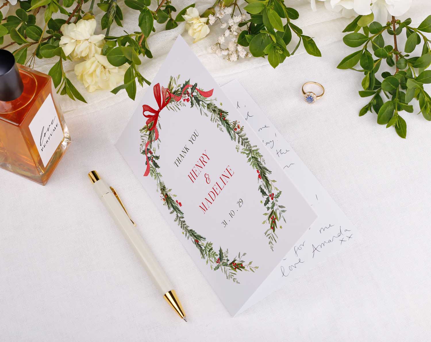 Winter Wedding Thank You Cards with floral wreath design and personalized message, perfect for expressing gratitude.