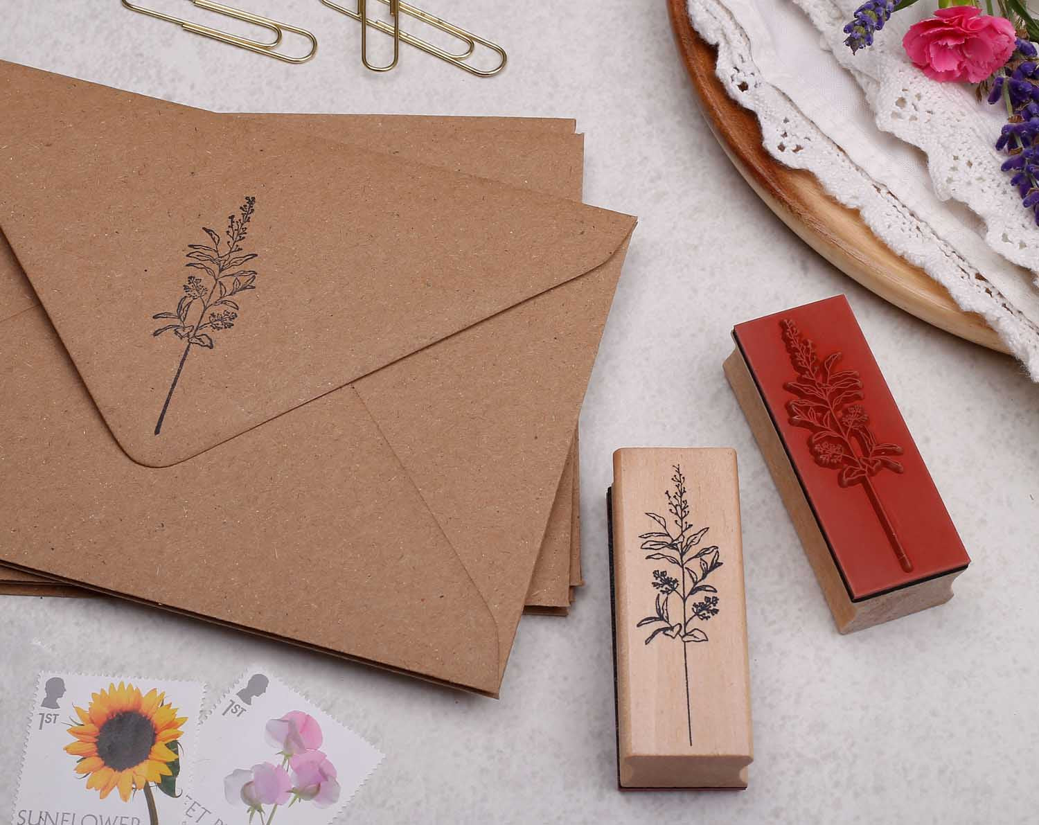 floral buddleia wooden stamp with rubber back
