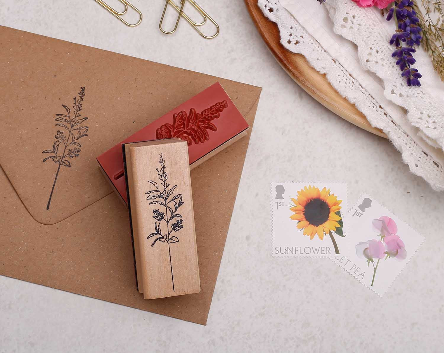 floral buddleia wooden stamp with rubber back