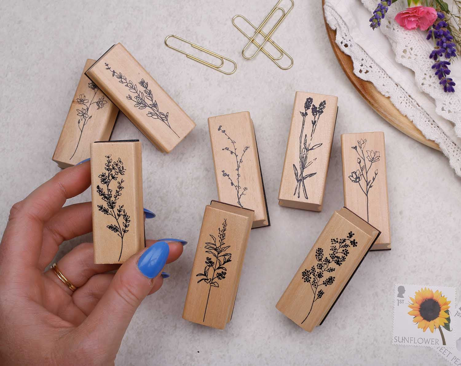 collection of floral wooden stamps with rubber back