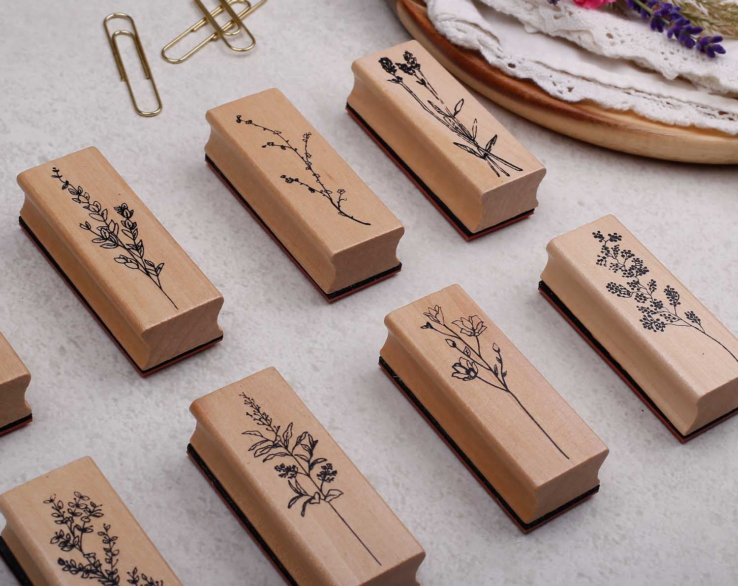 vintage style, floral wooden stamp with rubber back
