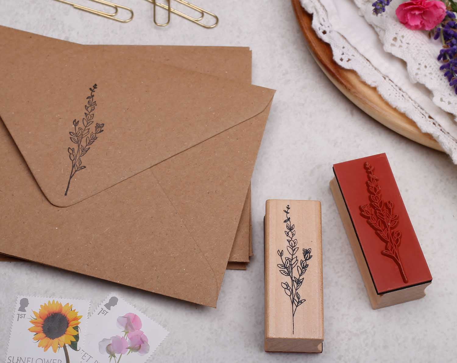 botanical wooden stamp with rubber back