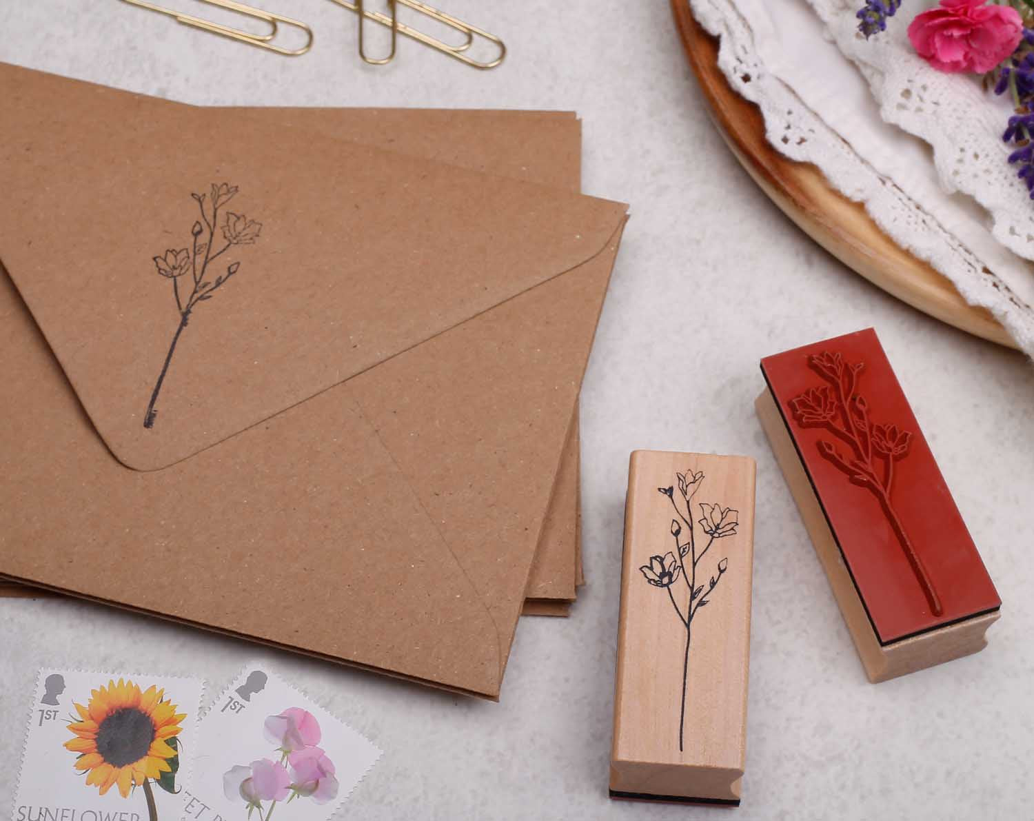 magnolia flower wooden stamp with rubber back