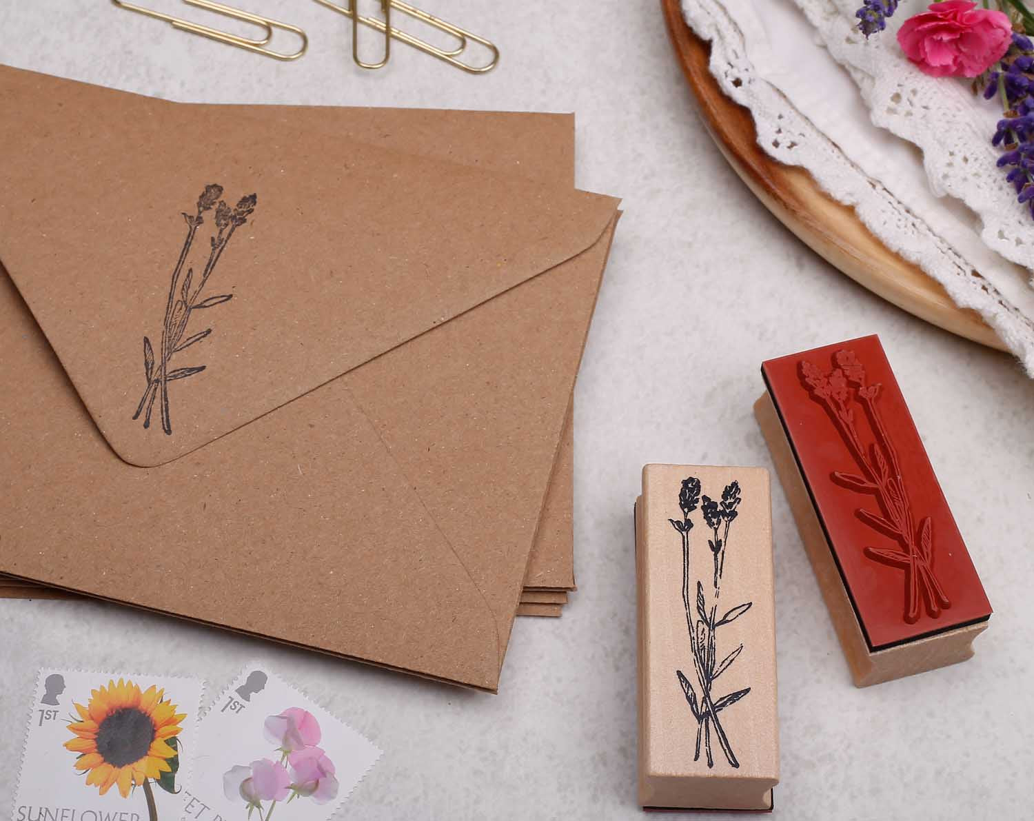 lavender wooden stamp with rubber back