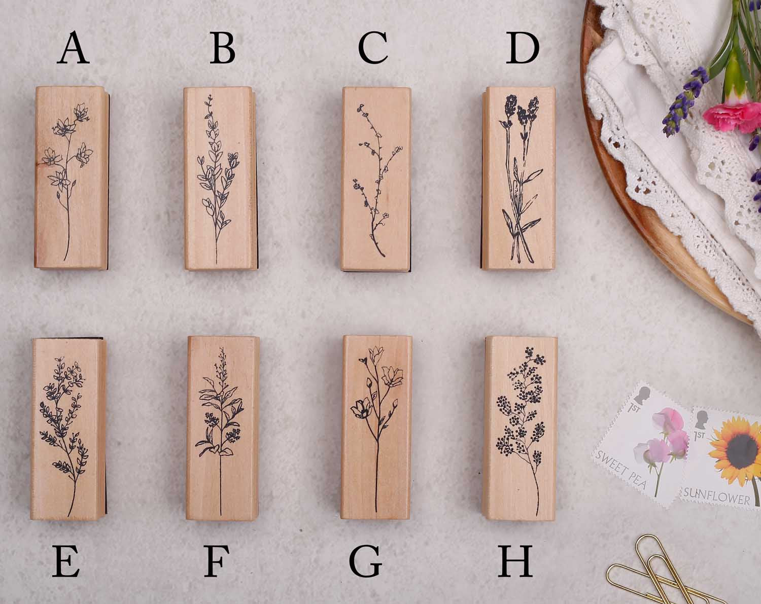 vintage style, floral wooden stamp with rubber back
