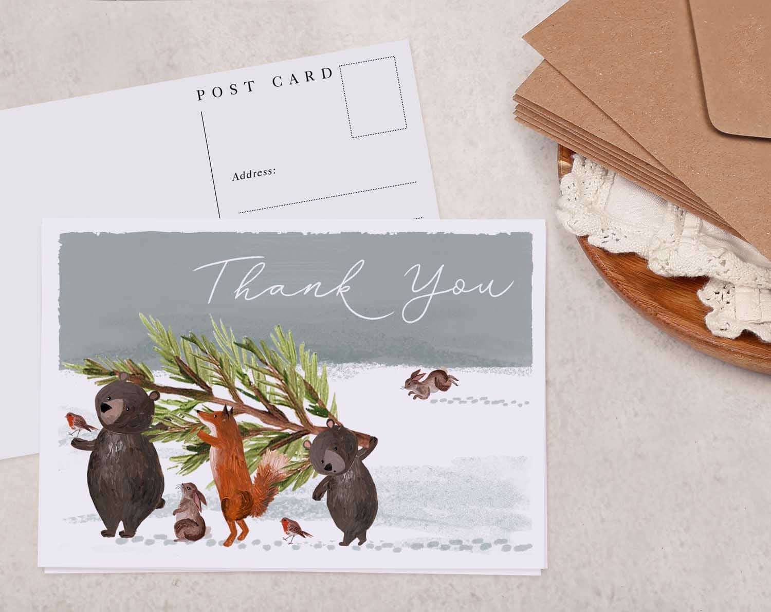 Woodland Animal Thank You Christmas Postcard. Post Cards designed by Making Meadows