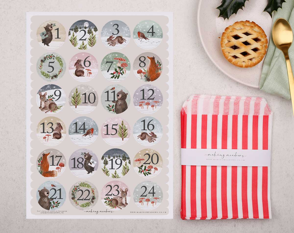 Woodland Animals Christmas Advent Calendar With Red Bags. Advent Calendars designed by Making Meadows