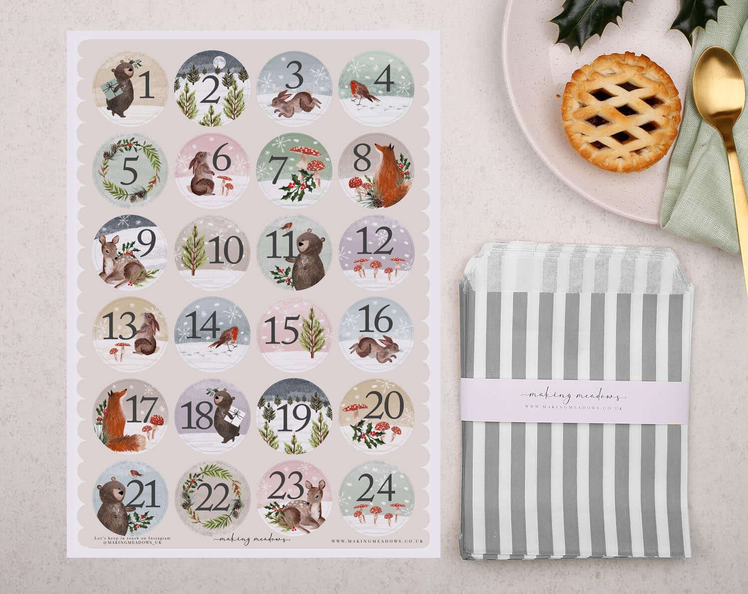 Woodland Animals Christmas Advent Calendar With Silver Bags. Advent Calendars designed by Making Meadows
