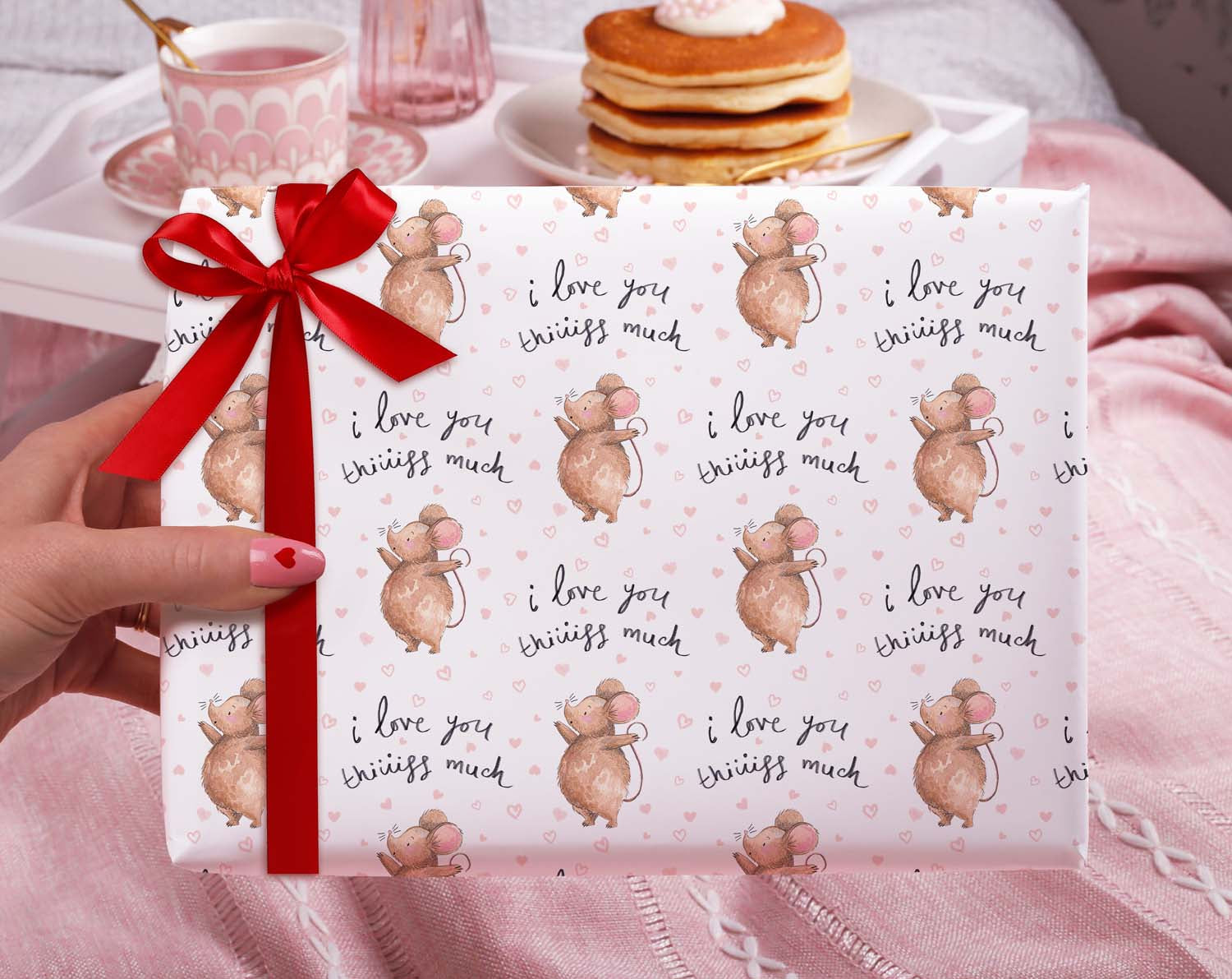 Cute Mouse 'I love you thiiiiissss much' Gift Wrapping Paper for an Anniversary