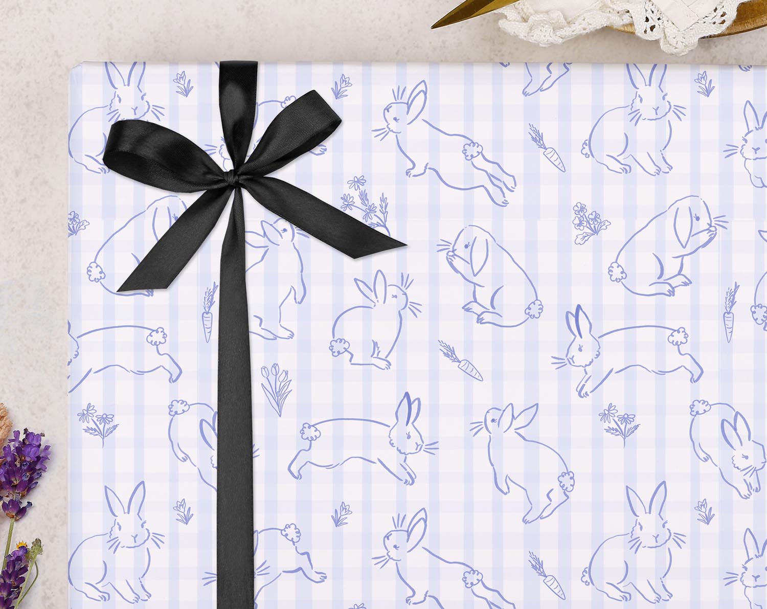 Blue Gingham Bunny Wrapping Paper