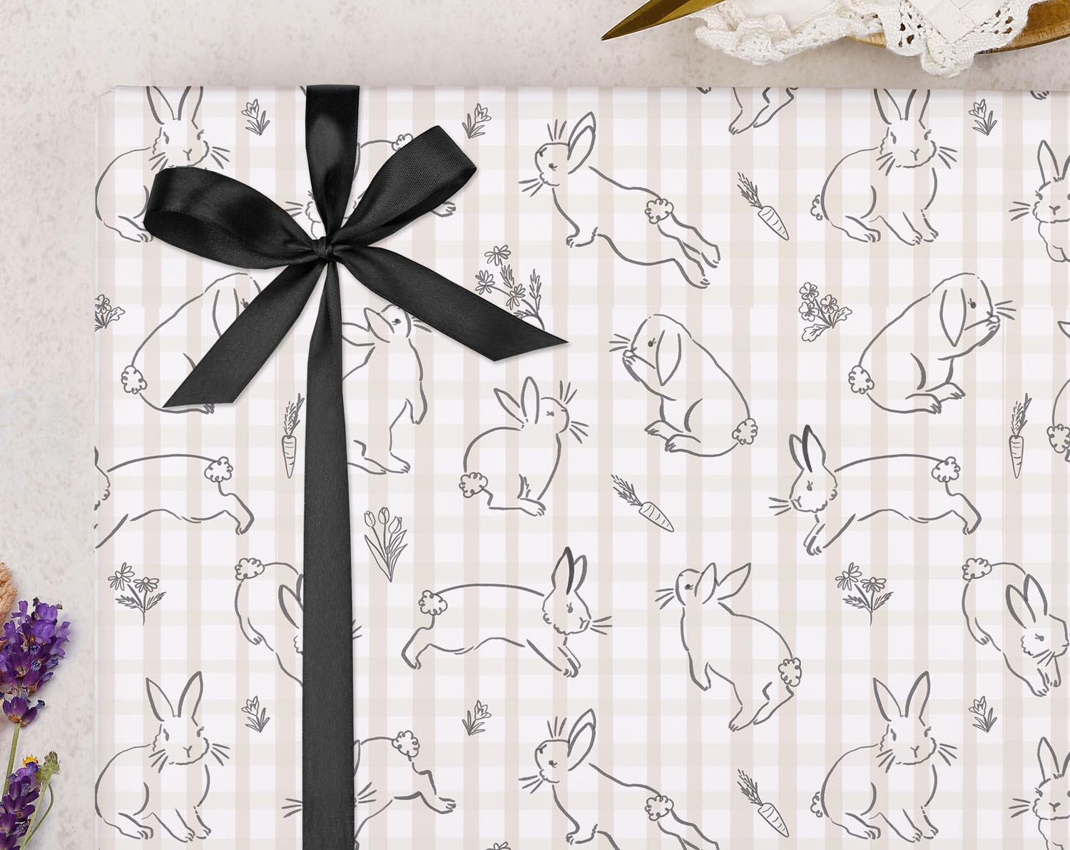 Beige Gingham Bunny Wrapping Paper