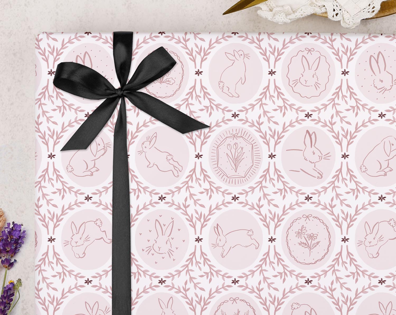 Traditional Bunny Wrapping Paper Pink