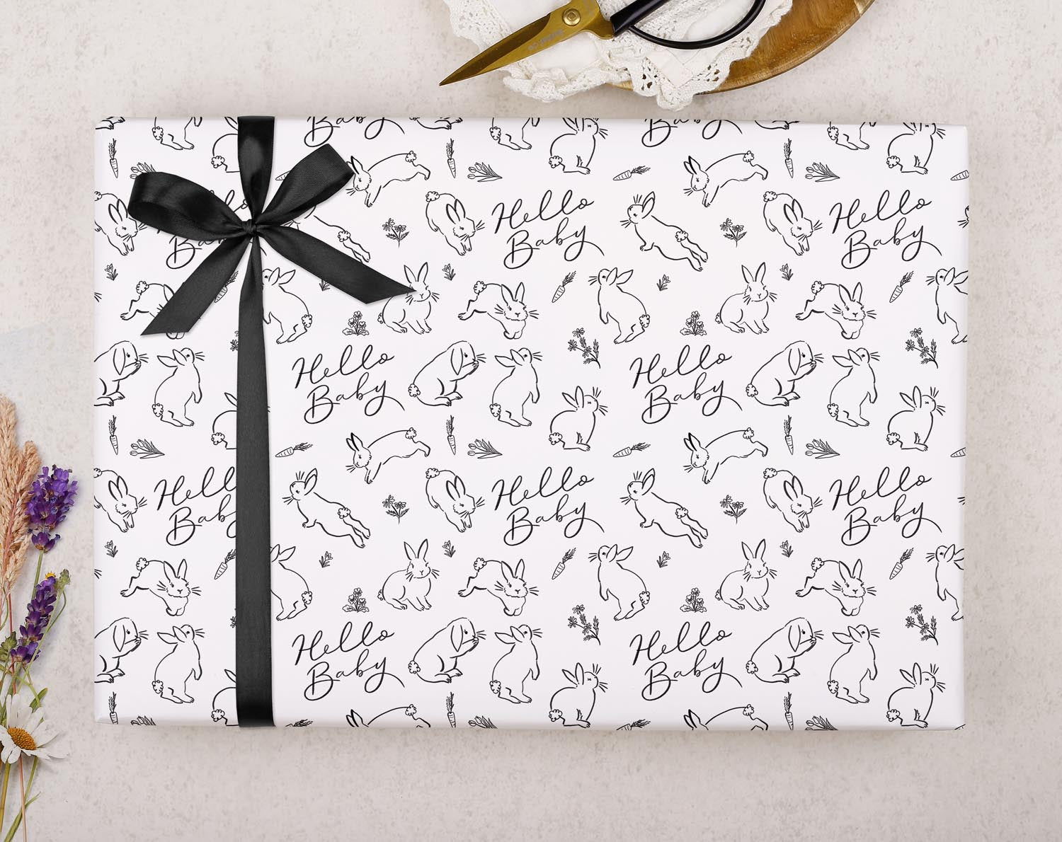 White & Black Baby Shower Bunny Wrapping Paper