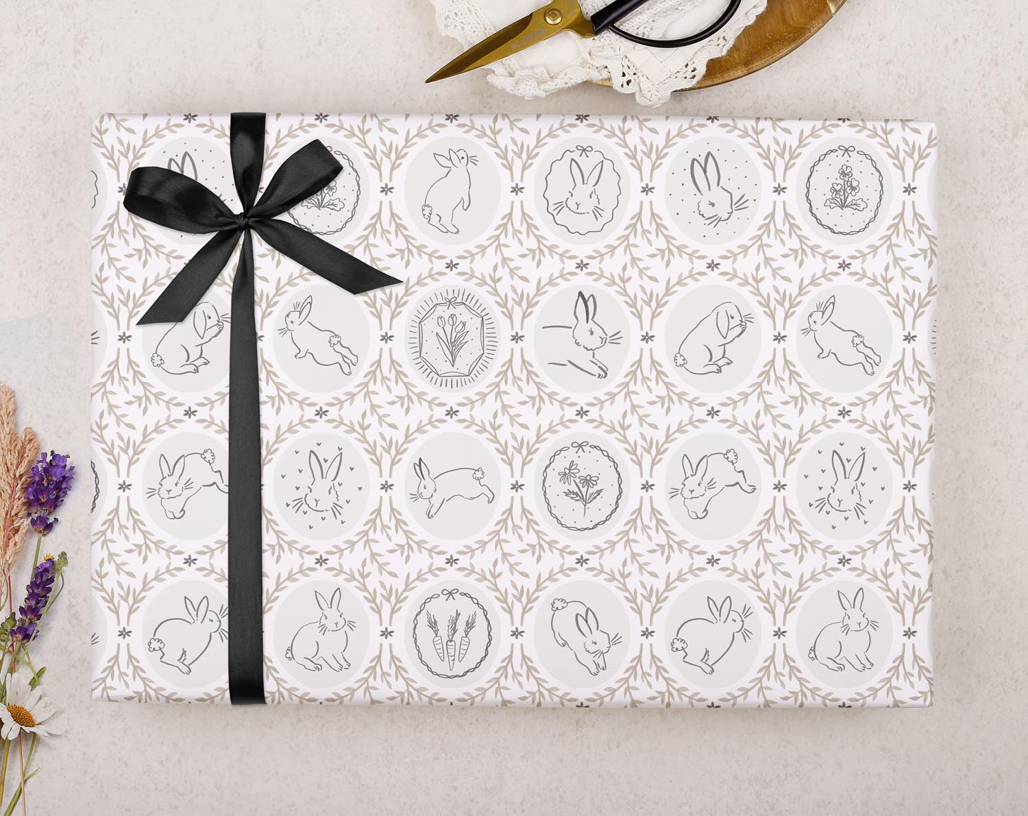 Traditional Bunny Wrapping Paper Neutral Beige