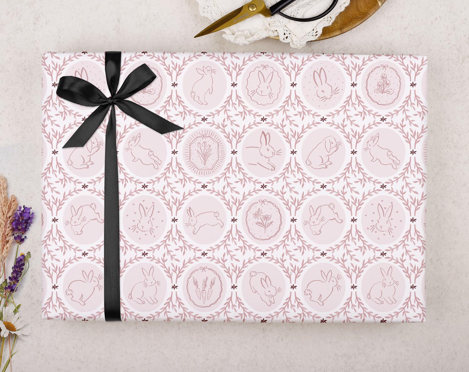 Traditional Bunny Wrapping Paper Pink