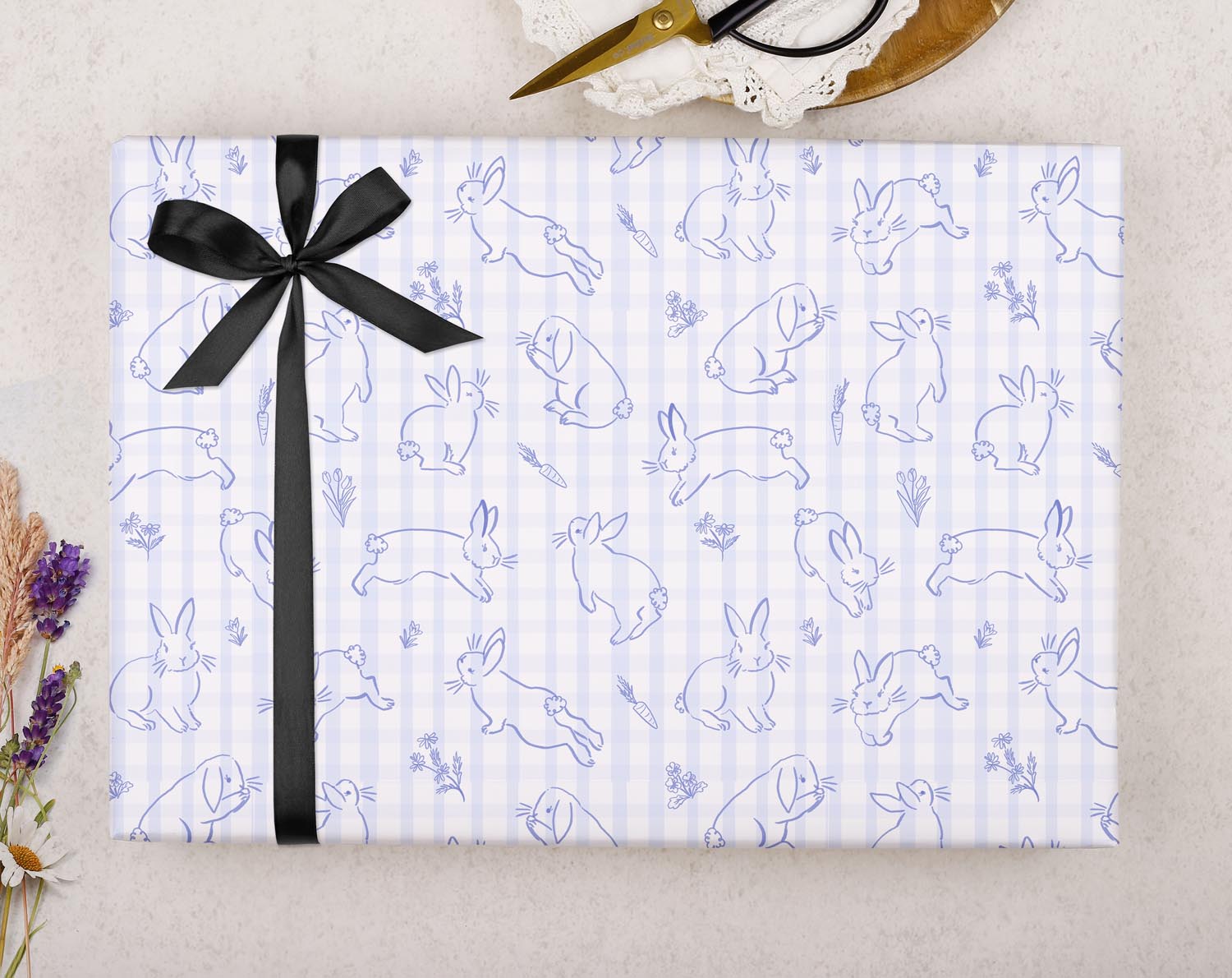 Blue Gingham Bunny Wrapping Paper