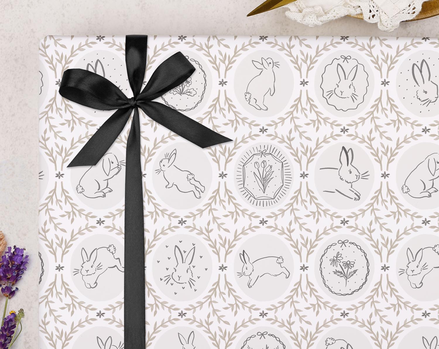 Traditional Bunny Wrapping Paper Neutral Beige