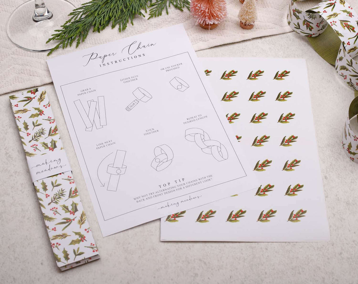 Holly Christmas Paper Chains instructions with decorative paper and design templates on a light background.
