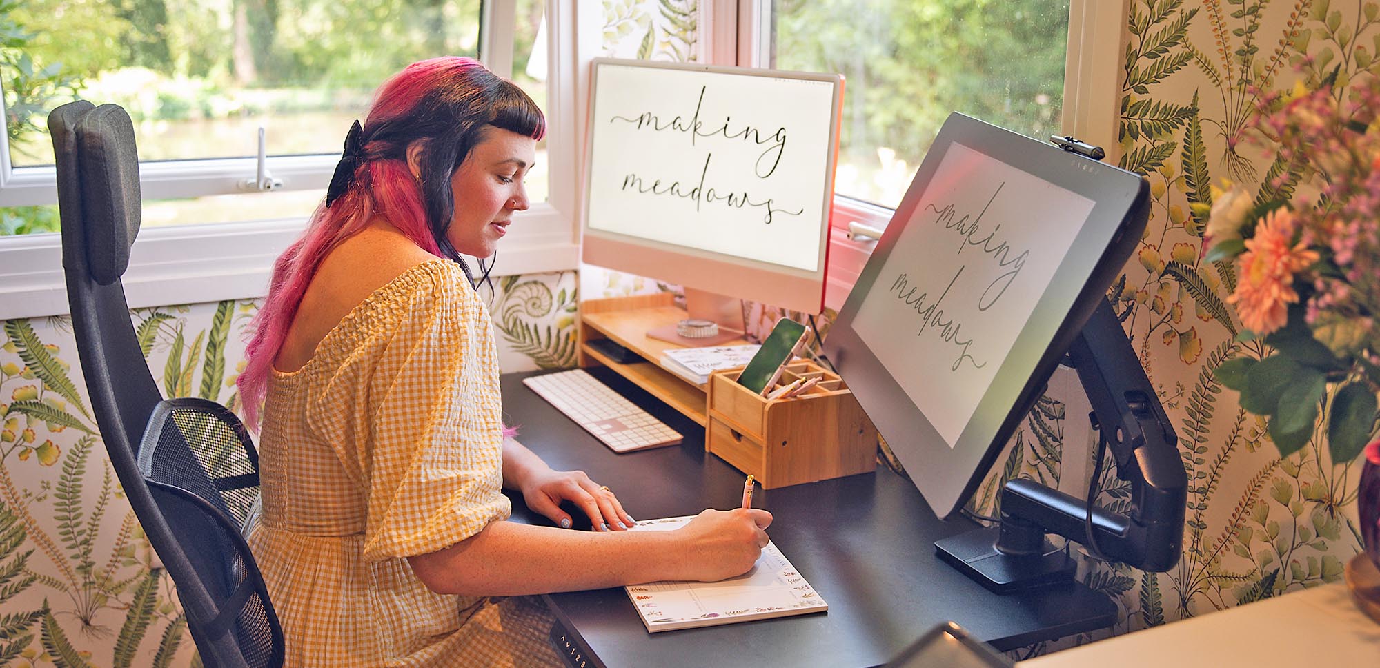 Samantha working at her desk in the making meadows studio