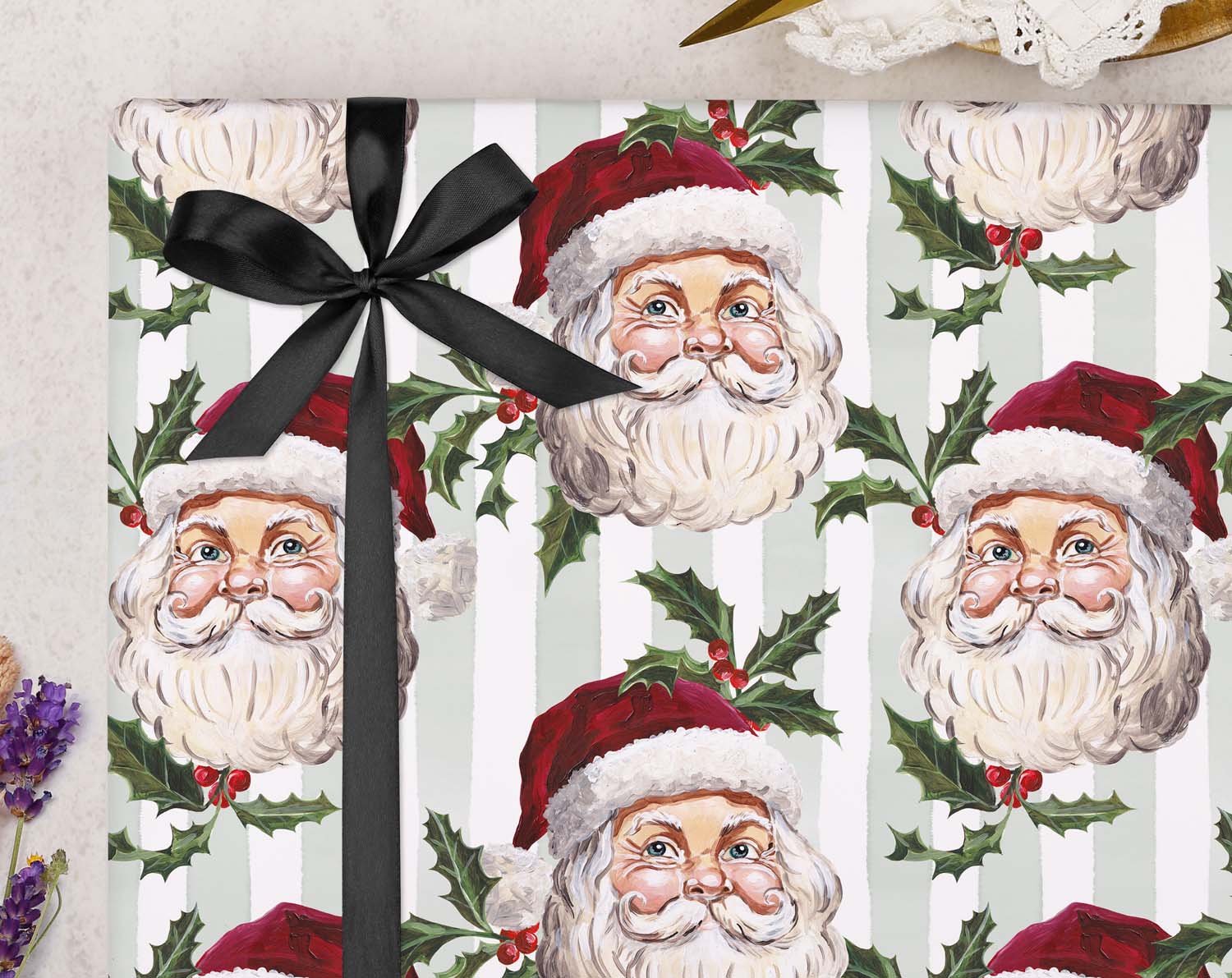 Vintage Santa & Mistletoe Christmas Wrapping Paper Green designed by Making Meadows
