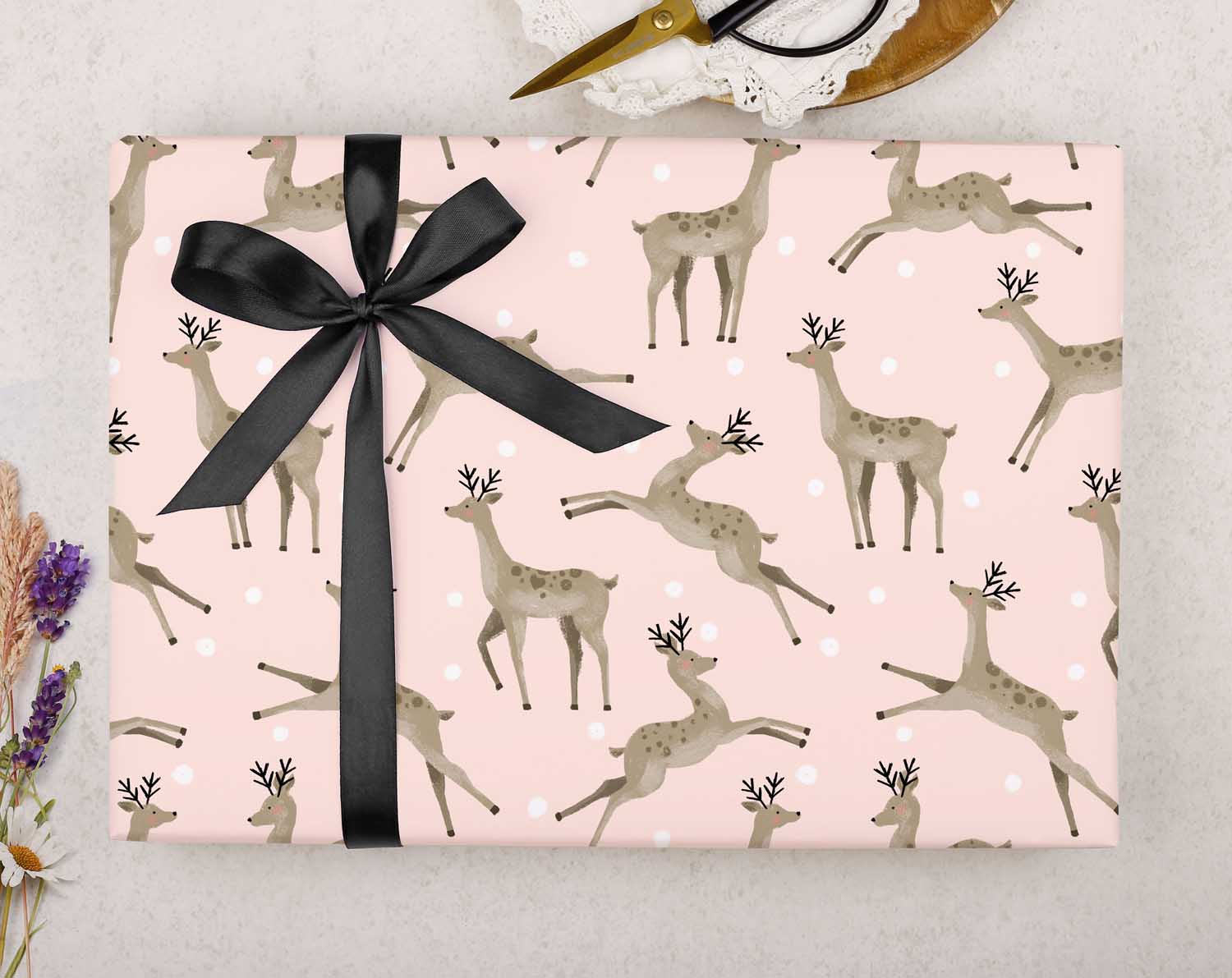 Baby Pink Christmas Reindeer Wrapping Paper