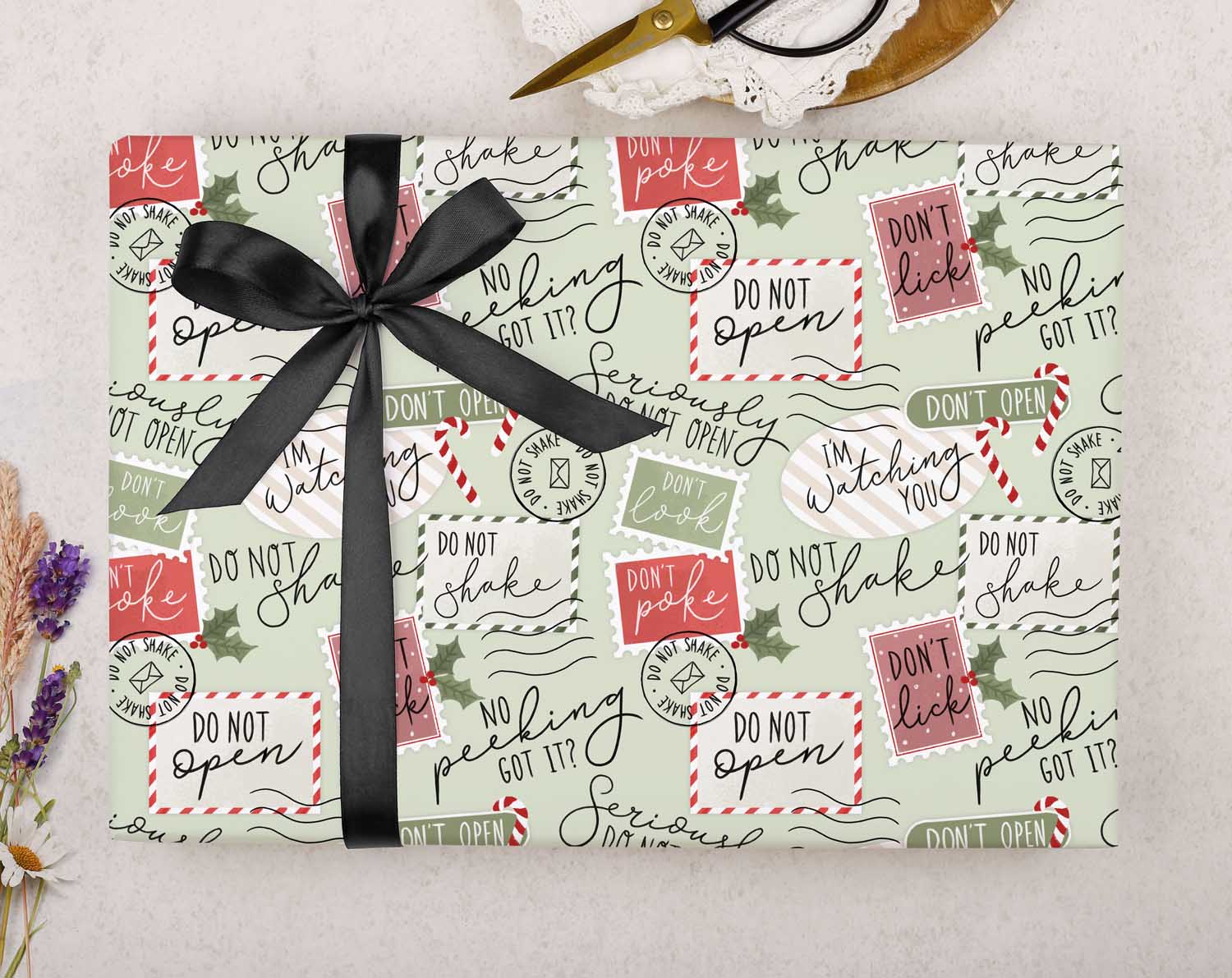 Green 'Do not open' Christmas Wrapping Paper