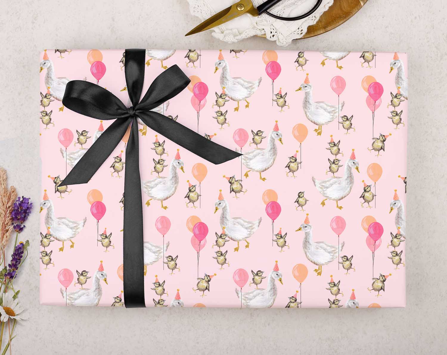 pink celebration Birthday wrapping paper is perfect for wrapping up presents! With its cute Pink Duck, Goose & Baby Chicks holding balloons pattern