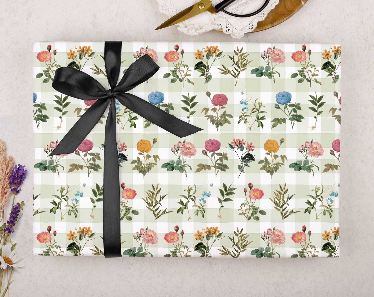 Green Gingham Floral Wrapping Paper